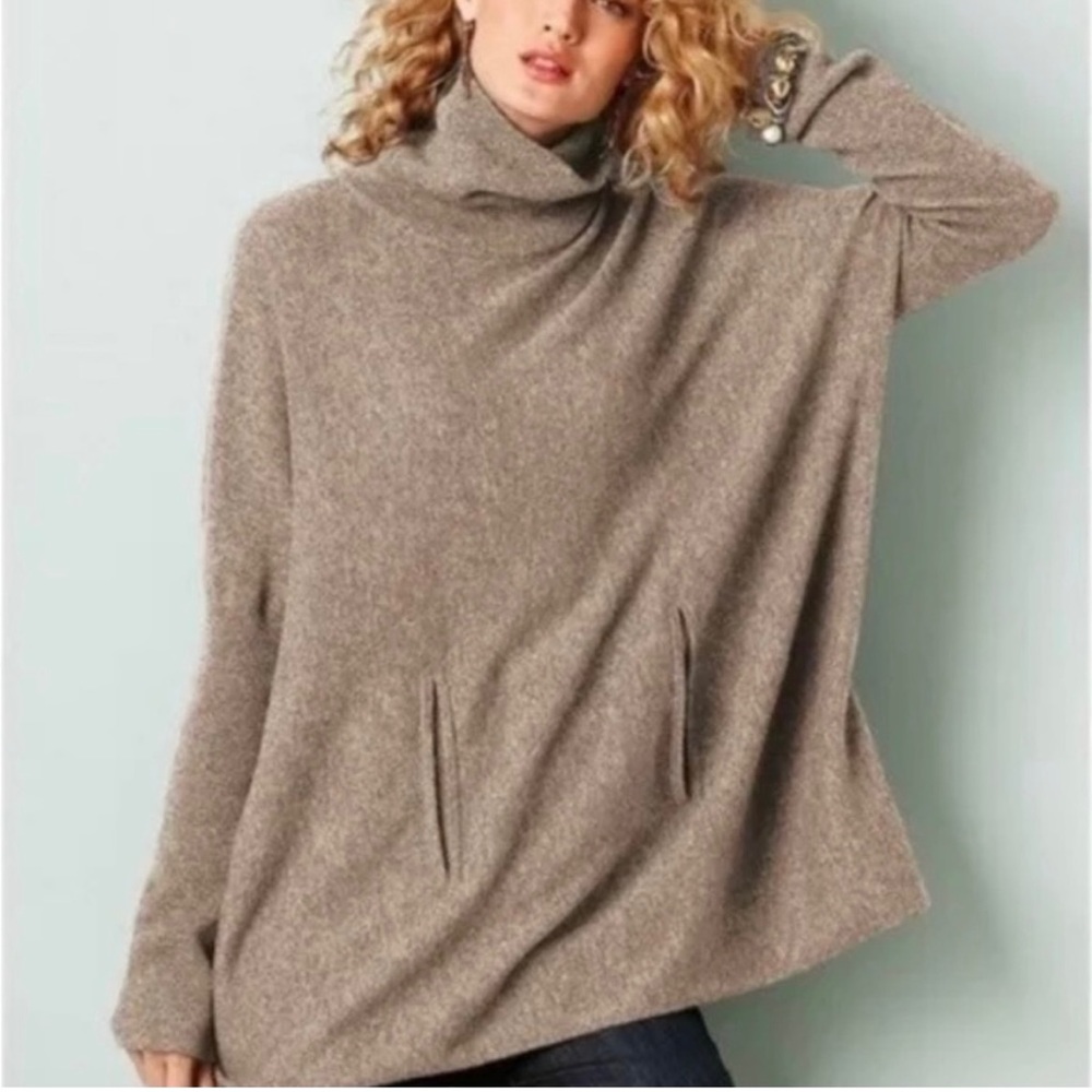 Garnet Hill Tan Cashmere  Wool Oversized Kangaroo Pocket Turtleneck Sweater L